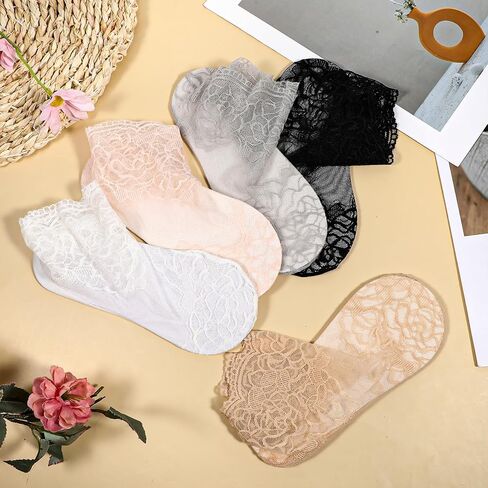 Teaaha 5 Pairs Lace Socks Women Sexy Mesh Sheer Ankle Socks Cute Fishnet Ruffle Frilly Casual Socks Slouch Lacey Loose Socks for Women Girls in Saudi Arabia