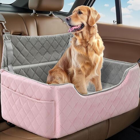 Dog Car Seat for Large/Medium Dogs, Dog Booster Seat for Under 55lbs or 2 Small Dogs, Non-Slip Removable and Washable Pet Car Seat,2 Safety Leashes, Travel Pet Bed, Pink Flower in Kuwait