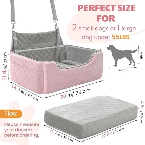 Dog Car Seat for Large/Medium Dogs, Dog Booster Seat for Under 55lbs or 2 Small Dogs, Non-Slip Removable and Washable Pet Car Seat,2 Safety Leashes, Travel Pet Bed, Pink Flower in Kuwait