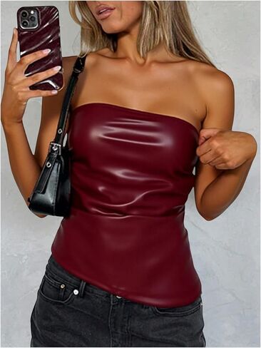 SOLY HUX Women's PU Leather Tube Top Strapless Ruched Asymmetrical Bandeau Tops Rave Concert Outfit in Saudi Arabia