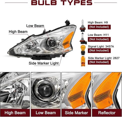 JSBOYAT Halogen Headlight Assembly Replacement for 2013 2014 2015 Nissan Altima 4-Door Sedan Projector Headlamp Chorme Housing with Amber Reflector Driver Passenger Side in Saudi Arabia