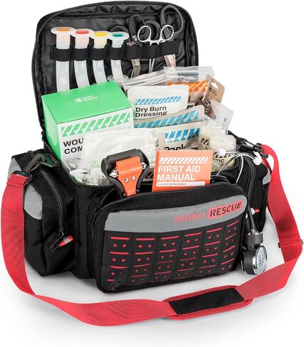 RHINO RESCUE First Responder First Aid Kit حقيبة EMT مخزنة بالكامل، FSA HSA مؤهلة، مجموعة طبية احترافية للصدمات EMT/EMS، نظام مولي، حقيبة عاكسة مع 5 جيوب بسحاب، 300+ لوازم الإسعافات الأولية in Kuwait