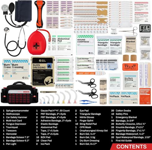 RHINO RESCUE First Responder First Aid Kit حقيبة EMT مخزنة بالكامل، FSA HSA مؤهلة، مجموعة طبية احترافية للصدمات EMT/EMS، نظام مولي، حقيبة عاكسة مع 5 جيوب بسحاب، 300+ لوازم الإسعافات الأولية in Kuwait