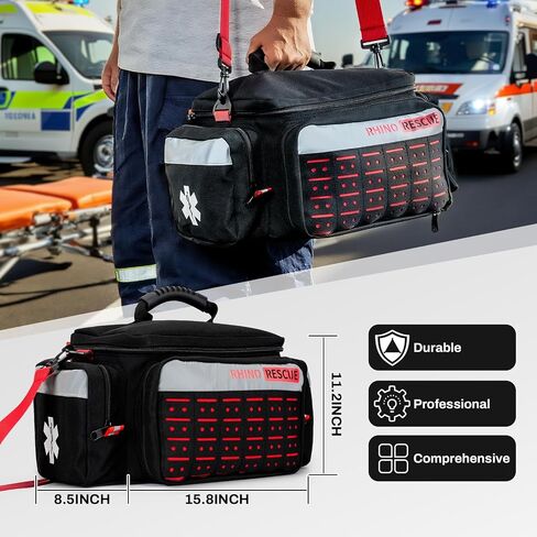 RHINO RESCUE First Responder First Aid Kit حقيبة EMT مخزنة بالكامل، FSA HSA مؤهلة، مجموعة طبية احترافية للصدمات EMT/EMS، نظام مولي، حقيبة عاكسة مع 5 جيوب بسحاب، 300+ لوازم الإسعافات الأولية in Kuwait