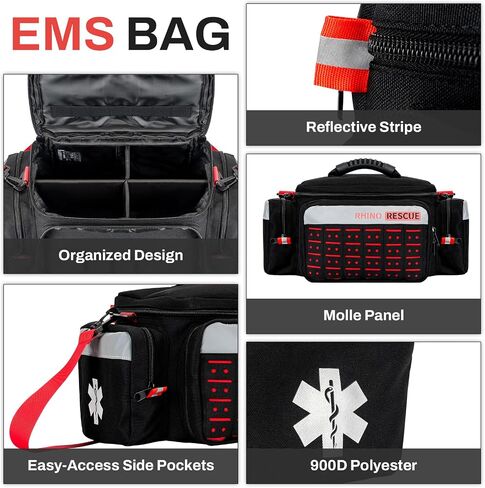 RHINO RESCUE First Responder First Aid Kit حقيبة EMT مخزنة بالكامل، FSA HSA مؤهلة، مجموعة طبية احترافية للصدمات EMT/EMS، نظام مولي، حقيبة عاكسة مع 5 جيوب بسحاب، 300+ لوازم الإسعافات الأولية in Kuwait