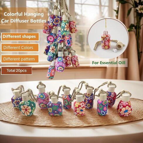 20Pcs 15ml Glass Car Diffuser Bottles Empty Bulk,Hanging Car Air Freshener Oil Diffuser Bottle Refillable for Essential Oill Fragrance Perfume Aromatherapy with Flowers Women Home Decor,Color Random in Saudi Arabia