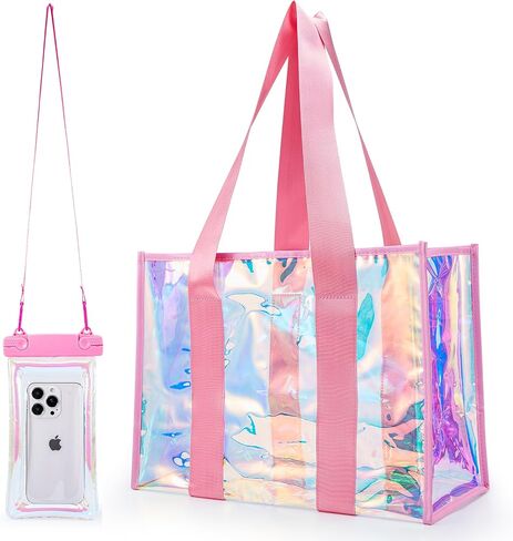 Clear Beach Tote Bag for Women with Phone Pouch, Tip-Proof Iridescent Pool Tote Bag for Swim in Saudi Arabia