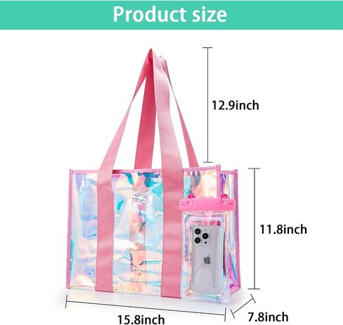 Clear Beach Tote Bag for Women with Phone Pouch, Tip-Proof Iridescent Pool Tote Bag for Swim in Saudi Arabia