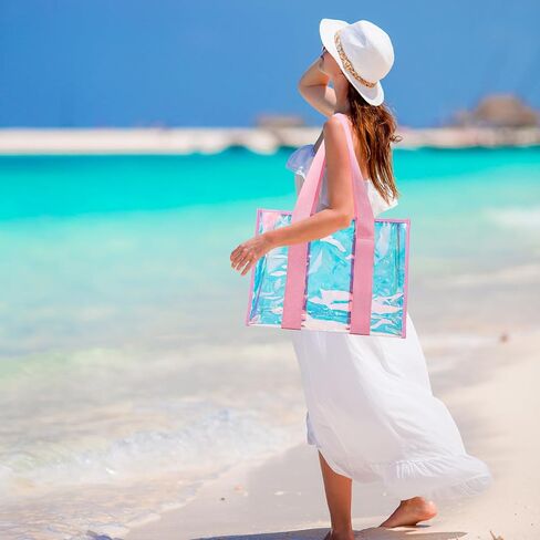 Clear Beach Tote Bag for Women with Phone Pouch, Tip-Proof Iridescent Pool Tote Bag for Swim in Saudi Arabia