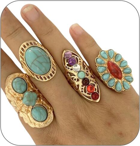 Bohemian Turquoise Ring for Women Chunky Gold Flower Statement Rings Vintage Round Turquoises Stackable Knuckle Ring Set for Women Western Jewelry in Saudi Arabia