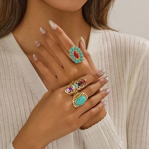 Bohemian Turquoise Ring for Women Chunky Gold Flower Statement Rings Vintage Round Turquoises Stackable Knuckle Ring Set for Women Western Jewelry in Saudi Arabia