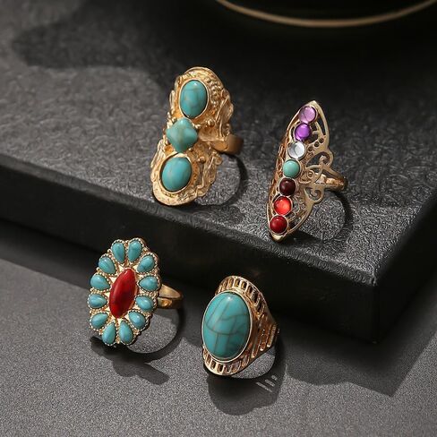 Bohemian Turquoise Ring for Women Chunky Gold Flower Statement Rings Vintage Round Turquoises Stackable Knuckle Ring Set for Women Western Jewelry in Saudi Arabia