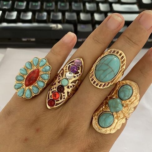 Bohemian Turquoise Ring for Women Chunky Gold Flower Statement Rings Vintage Round Turquoises Stackable Knuckle Ring Set for Women Western Jewelry in Saudi Arabia