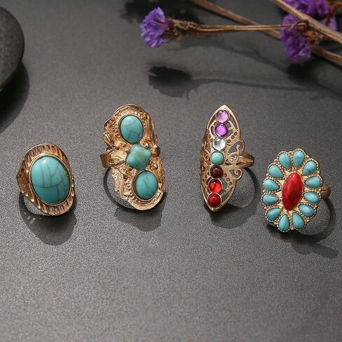 Bohemian Turquoise Ring for Women Chunky Gold Flower Statement Rings Vintage Round Turquoises Stackable Knuckle Ring Set for Women Western Jewelry in Saudi Arabia