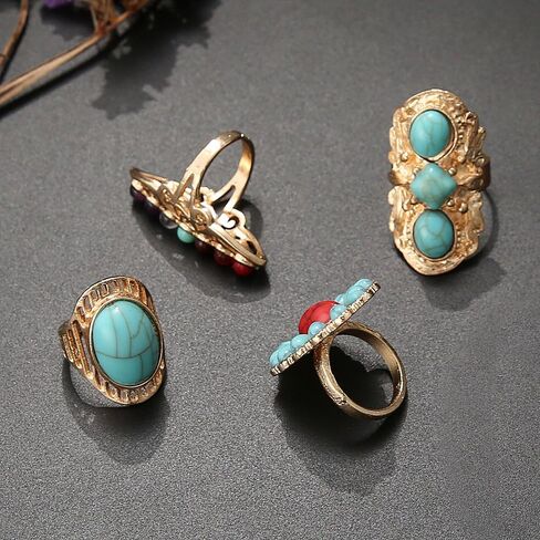 Bohemian Turquoise Ring for Women Chunky Gold Flower Statement Rings Vintage Round Turquoises Stackable Knuckle Ring Set for Women Western Jewelry in Saudi Arabia