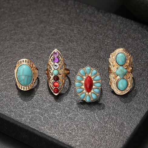Bohemian Turquoise Ring for Women Chunky Gold Flower Statement Rings Vintage Round Turquoises Stackable Knuckle Ring Set for Women Western Jewelry in Saudi Arabia