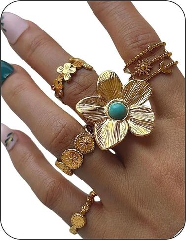 Bohemian Turquoise Ring for Women Chunky Gold Flower Statement Rings Vintage Round Turquoises Stackable Knuckle Ring Set for Women Western Jewelry in Saudi Arabia