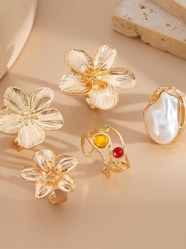 Chunky Statement Gold Rings Set for Women Vintage Stackable Knuckle Rings Flower Baroque Pearl Adjustable Ring Set Y2k Bohemian Retro Jewelry in Saudi Arabia
