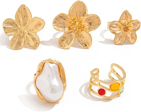 Chunky Statement Gold Rings Set for Women Vintage Stackable Knuckle Rings Flower Baroque Pearl Adjustable Ring Set Y2k Bohemian Retro Jewelry in Saudi Arabia