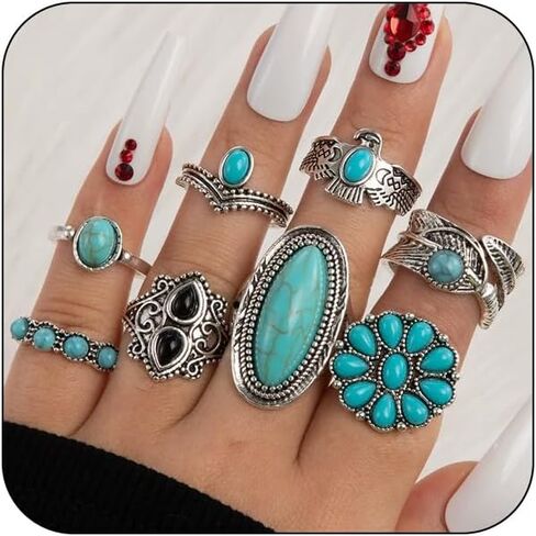 Western Turquoise Ring Set for Women Vintage Turquoise Knuckle Stackable Rings Country Concert Outfits Jewelry for Bohemian Cowboy Cowgirl Accessorie in Saudi Arabia