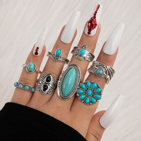 Western Turquoise Ring Set for Women Vintage Turquoise Knuckle Stackable Rings Country Concert Outfits Jewelry for Bohemian Cowboy Cowgirl Accessorie in Saudi Arabia