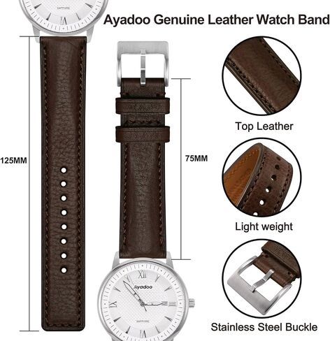 Ayadoo 20mm Italian Leather Watch Band, Classical Dark Brown Leather Watch Strap with Silver Buckle for Men and Women in Kuwait