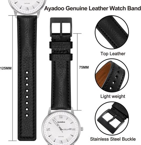 Ayadoo 20mm Italian Leather Watch Band, Classical Dark Brown Leather Watch Strap with Silver Buckle for Men and Women in Kuwait