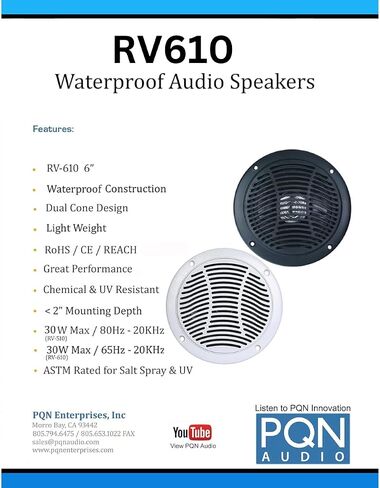 PQN Audio RV610-4BK, 6 inch Waterproof Dual Cone Marine Speaker for Boat, RV, Camper and Golf Cart in Kuwait