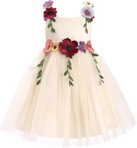 ODASDO Flower Girl Tulle Dress Kid Floral Embroidery Square Neck Sleeveless A-line Princess Tutu Dresses for Wedding Birthday in Saudi Arabia