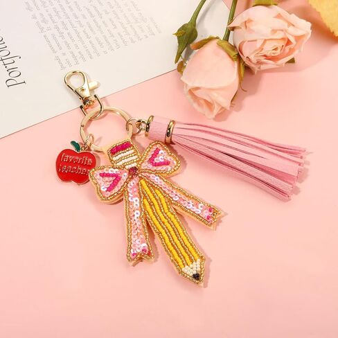 YAHPERN Teacher Keychain for Women Beaded Pencil Key Chain Purse Charm with Tassel Back to School Accessories Outfits in Kuwait