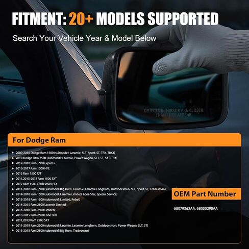 استبدال زجاج مرآة مُسخنة من جانب السائق ل Dodge RAM التقط 1500 2500 2009-2018 - المرايا اليسرى الساخنة مع لوحة الدعم ، استبدل 68079363AA 68050299AA in Kuwait
