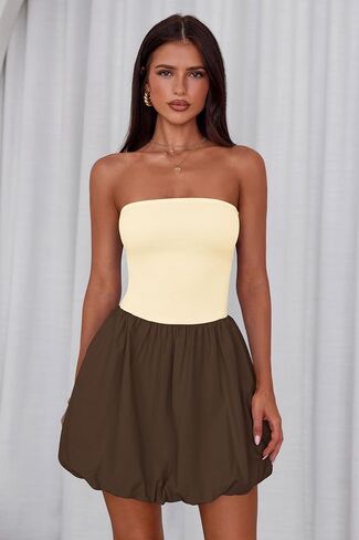 MASCOMODA Womens Strapless Bubble Mini Dress Summer Tube Top Sundress Casual Off Shoulder A Line Party Short Dresses Vacation in Saudi Arabia