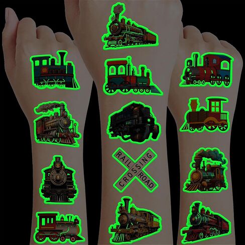 96 PCS Vintage Train Pre-Cut Temporary Tattoos Themed Birthday Party Supplies Favors Decorations Decor Steam Trains Railroad Tattoo Stickers Gifts For Boys Girls Class Prizes Carnival Cartoon in Kuwait