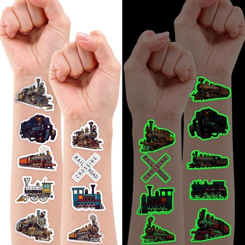96 PCS Vintage Train Pre-Cut Temporary Tattoos Themed Birthday Party Supplies Favors Decorations Decor Steam Trains Railroad Tattoo Stickers Gifts For Boys Girls Class Prizes Carnival Cartoon in Kuwait