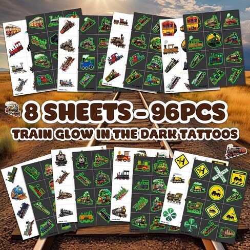 96 PCS Vintage Train Pre-Cut Temporary Tattoos Themed Birthday Party Supplies Favors Decorations Decor Steam Trains Railroad Tattoo Stickers Gifts For Boys Girls Class Prizes Carnival Cartoon in Kuwait