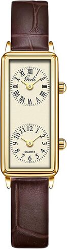 Gosasa Women’s Vintage Rectangle Watch Dual Time Zone Waterproof Ladies Quartz Analog Wristwatch with Two Dials, Roman & Arabic Numerals, Leather Strap for Travel & Business in Saudi Arabia