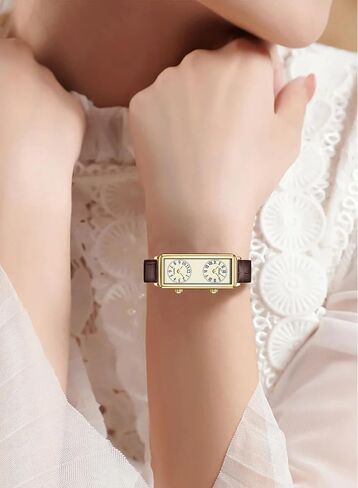 Gosasa Women’s Vintage Rectangle Watch Dual Time Zone Waterproof Ladies Quartz Analog Wristwatch with Two Dials, Roman & Arabic Numerals, Leather Strap for Travel & Business in Saudi Arabia
