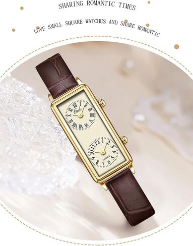 Gosasa Women’s Vintage Rectangle Watch Dual Time Zone Waterproof Ladies Quartz Analog Wristwatch with Two Dials, Roman & Arabic Numerals, Leather Strap for Travel & Business in Saudi Arabia