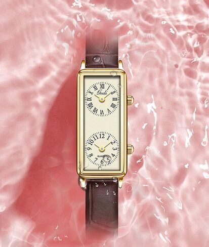 Gosasa Women’s Vintage Rectangle Watch Dual Time Zone Waterproof Ladies Quartz Analog Wristwatch with Two Dials, Roman & Arabic Numerals, Leather Strap for Travel & Business in Saudi Arabia