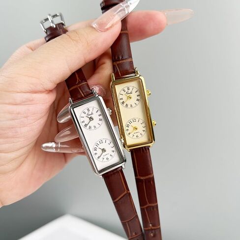 Gosasa Women’s Vintage Rectangle Watch Dual Time Zone Waterproof Ladies Quartz Analog Wristwatch with Two Dials, Roman & Arabic Numerals, Leather Strap for Travel & Business in Saudi Arabia