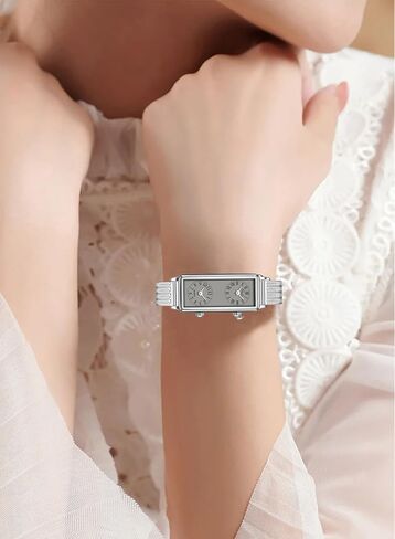 Gosasa Women’s Vintage Rectangle Watch Dual Time Zone Waterproof Ladies Quartz Analog Wristwatch with Two Dials, Roman & Arabic Numerals, Leather Strap for Travel & Business in Saudi Arabia