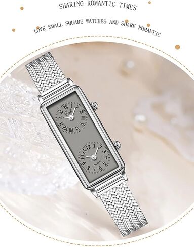 Gosasa Women’s Vintage Rectangle Watch Dual Time Zone Waterproof Ladies Quartz Analog Wristwatch with Two Dials, Roman & Arabic Numerals, Leather Strap for Travel & Business in Saudi Arabia