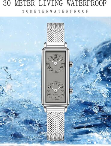Gosasa Women’s Vintage Rectangle Watch Dual Time Zone Waterproof Ladies Quartz Analog Wristwatch with Two Dials, Roman & Arabic Numerals, Leather Strap for Travel & Business in Saudi Arabia