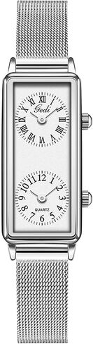 Gosasa Women’s Vintage Rectangle Watch Dual Time Zone Waterproof Ladies Quartz Analog Wristwatch with Two Dials, Roman & Arabic Numerals, Leather Strap for Travel & Business in Saudi Arabia