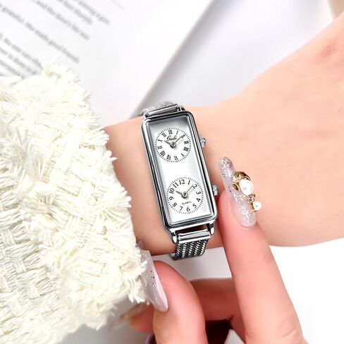 Gosasa Women’s Vintage Rectangle Watch Dual Time Zone Waterproof Ladies Quartz Analog Wristwatch with Two Dials, Roman & Arabic Numerals, Leather Strap for Travel & Business in Saudi Arabia