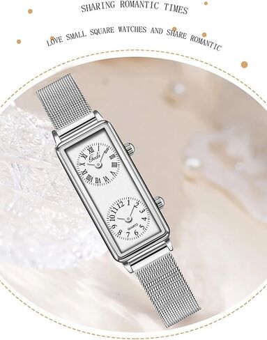Gosasa Women’s Vintage Rectangle Watch Dual Time Zone Waterproof Ladies Quartz Analog Wristwatch with Two Dials, Roman & Arabic Numerals, Leather Strap for Travel & Business in Saudi Arabia