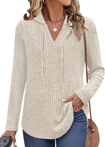 Lylinan Womens Cozy Knit Sweaters Hoodies Ribbed V Neck Pullover Sweatshirts for Fall Outfits S-XXL in Saudi Arabia