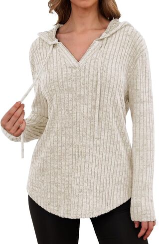 Lylinan Womens Cozy Knit Sweaters Hoodies Ribbed V Neck Pullover Sweatshirts for Fall Outfits S-XXL in Saudi Arabia