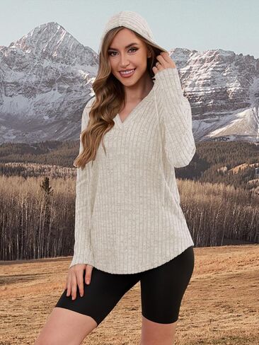 Lylinan Womens Cozy Knit Sweaters Hoodies Ribbed V Neck Pullover Sweatshirts for Fall Outfits S-XXL in Saudi Arabia