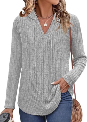 Lylinan Womens Cozy Knit Sweaters Hoodies Ribbed V Neck Pullover Sweatshirts for Fall Outfits S-XXL in Saudi Arabia